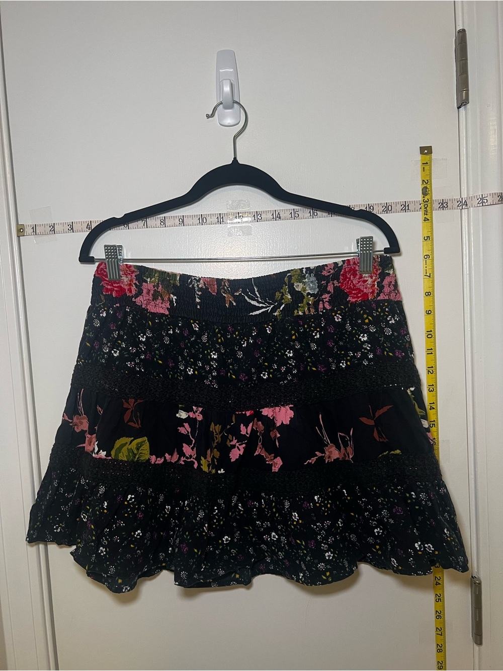 Fire Los Angeles Boho Short Black Floral Skirt with Pink & Green Accents A line